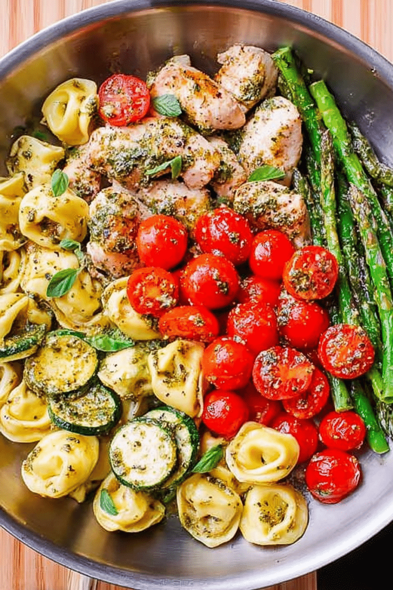 A bowl of pesto chicken tortellini with cherry tomatoes and asparagus, garnished with fresh basil.