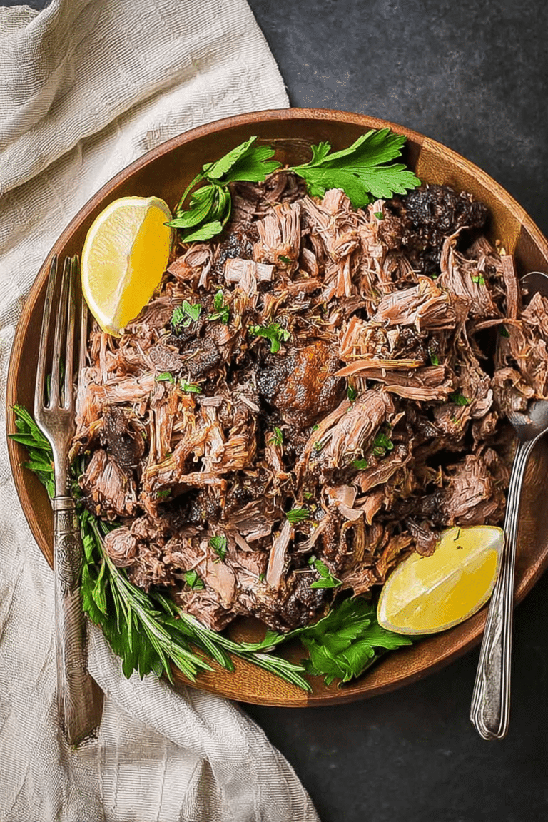 Pulled lamb served with vermicelli rice, fresh salad, and Greek yogurt on a rustic wooden table.