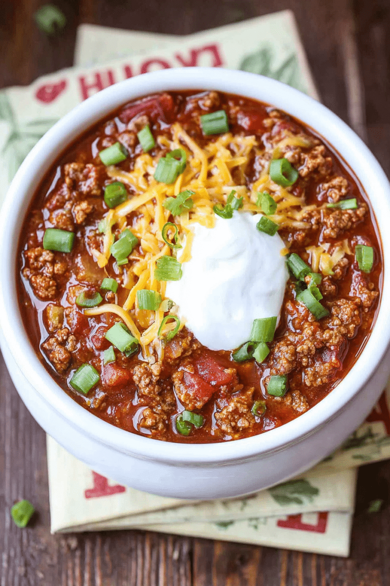 A delicious steaming bowl of quick no bean chili topped with red onions and cheddar cheese, ready to be served.