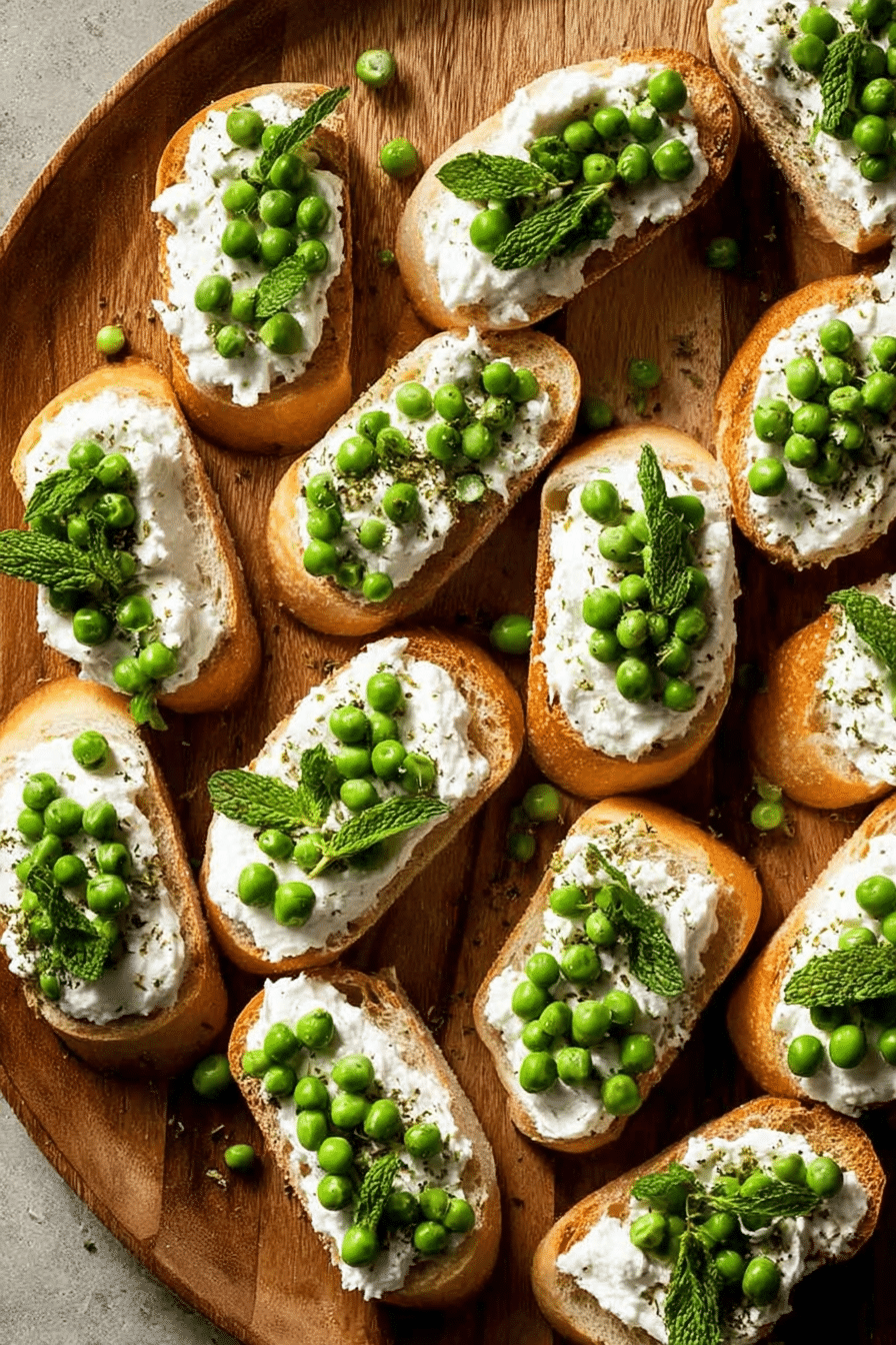 Close-up of ricotta crostini topped with fresh peas and mint on a white platter, perfect for spring appetizers.