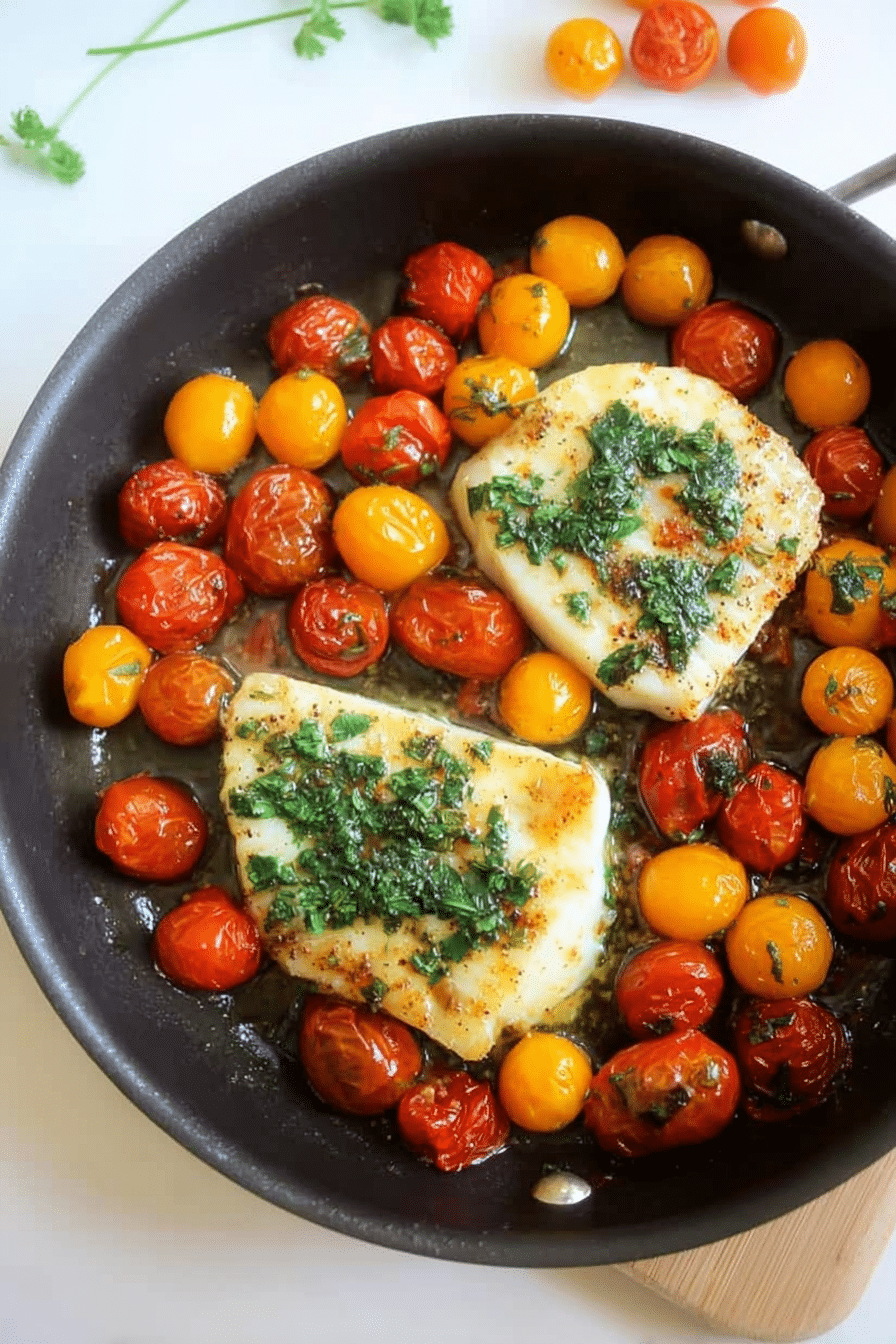 Plate of roasted halibut with burst tomatoes and basil pesto, garnished with lemon wedges.
