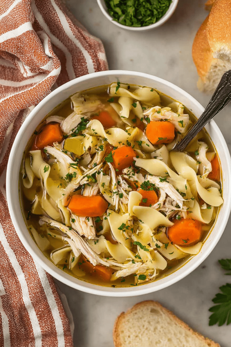 A cozy bowl of rotisserie chicken noodle soup with fresh parsley garnish, served with crusty bread.