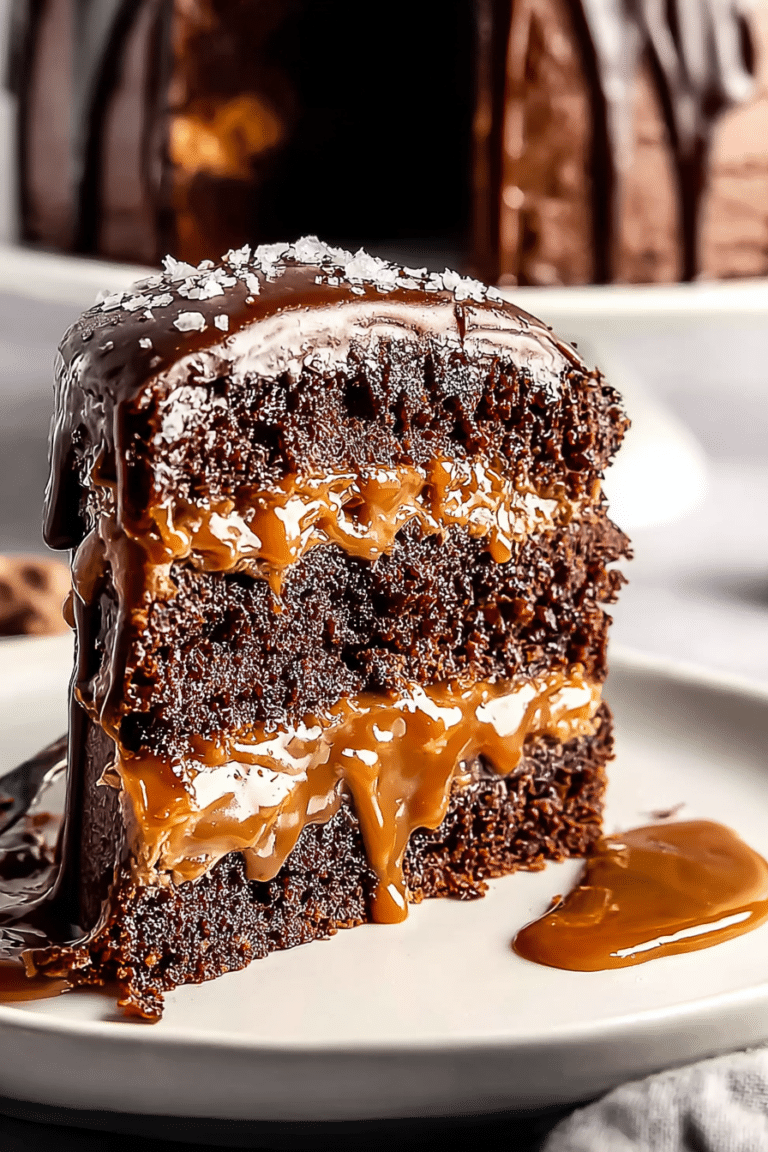 Slice of salted caramel and chocolate cake with caramel drizzle and sea salt flakes on a white plate.