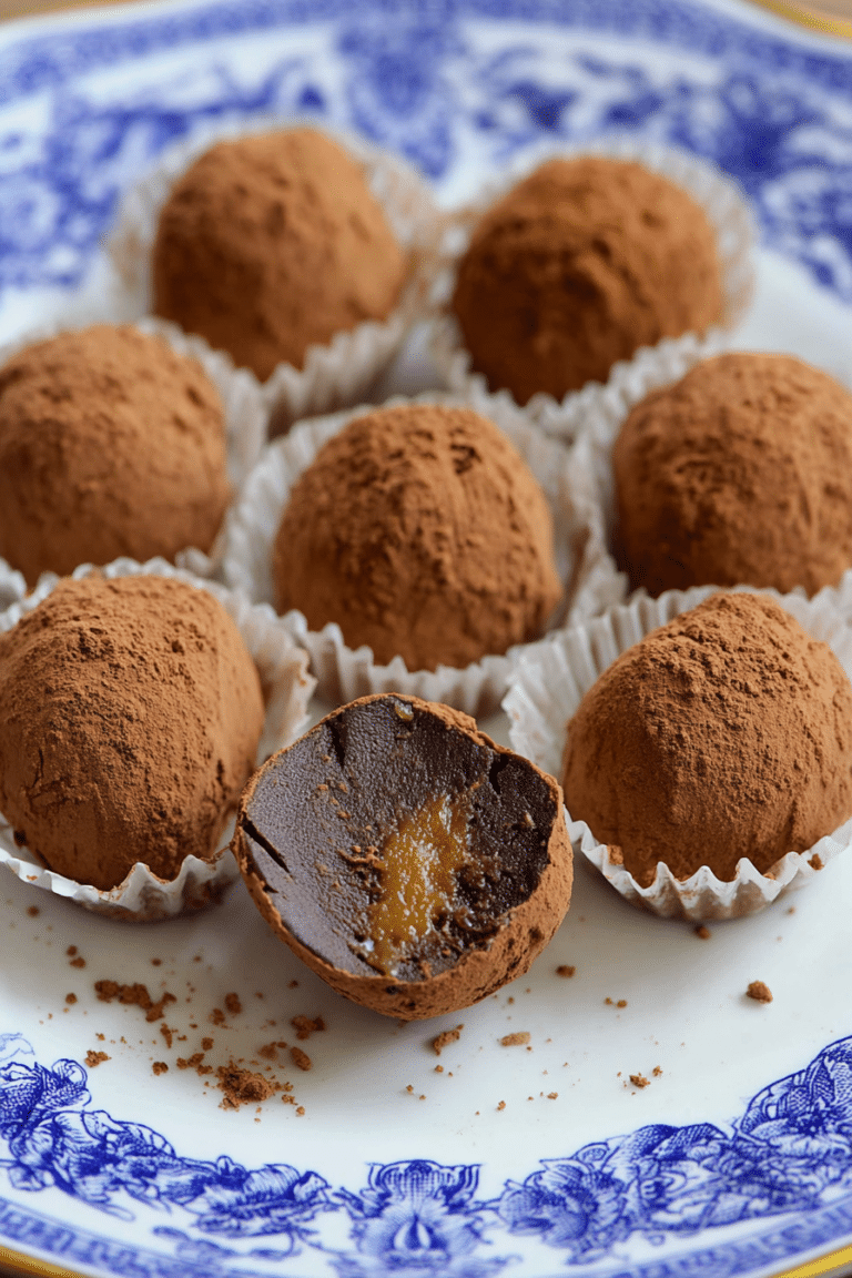 Delicious salted caramel chocolate truffles on a decorative plate, dusted with cocoa powder and drizzled with caramel.
