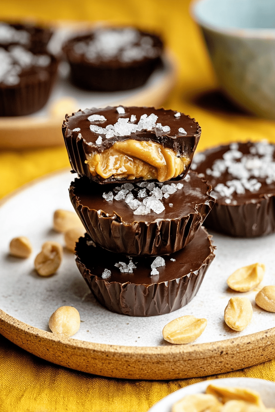 Close-up of a salted chocolate peanut butter banana cup, topped with flaky sea salt and chopped peanuts, with banana slices in the background.