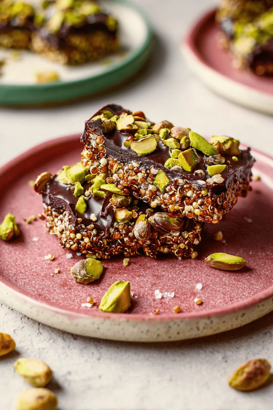 Close-up of salted dark chocolate pistachio quinoa crunch bars with pistachios and melted chocolate, perfect for a healthy snack.