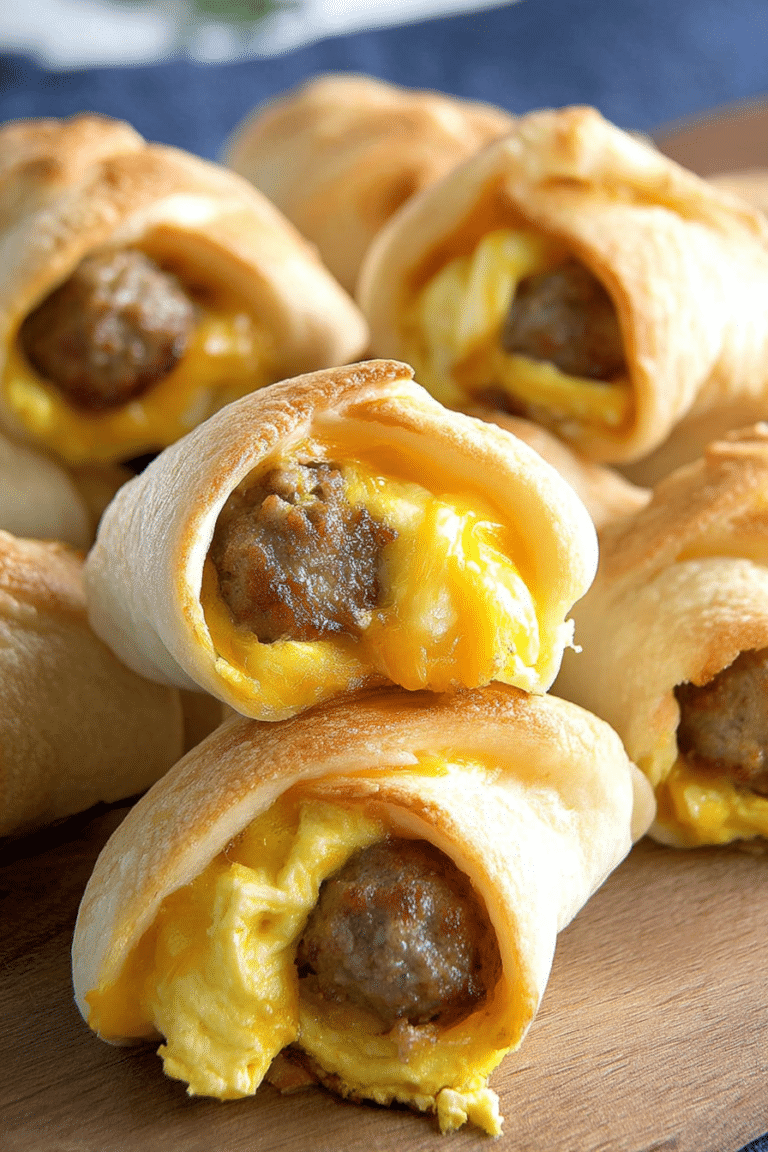 Golden brown sausage and egg roll ups served on a plate, showcasing flaky crescent rolls with a side of dipping sauce.