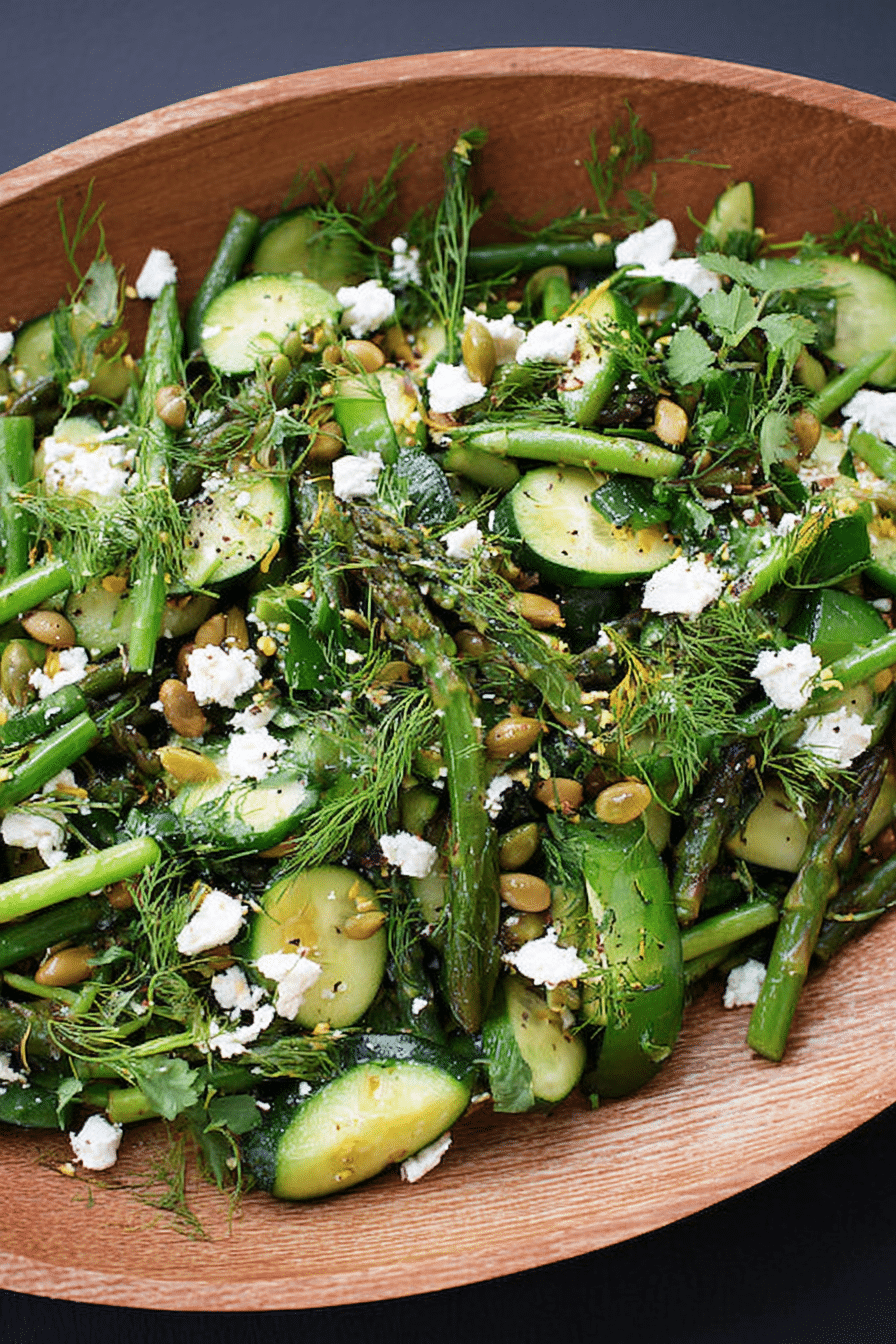 Delicious sautéed spring vegetable salad with zucchini, asparagus, feta, and pistachios in a bowl on a wooden table.