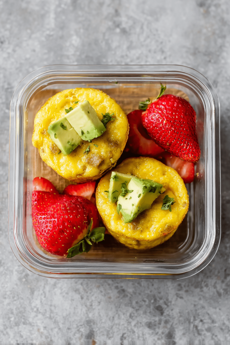 Savory chicken sausage, egg, and cheese muffins served with avocado and salsa on a wooden board.