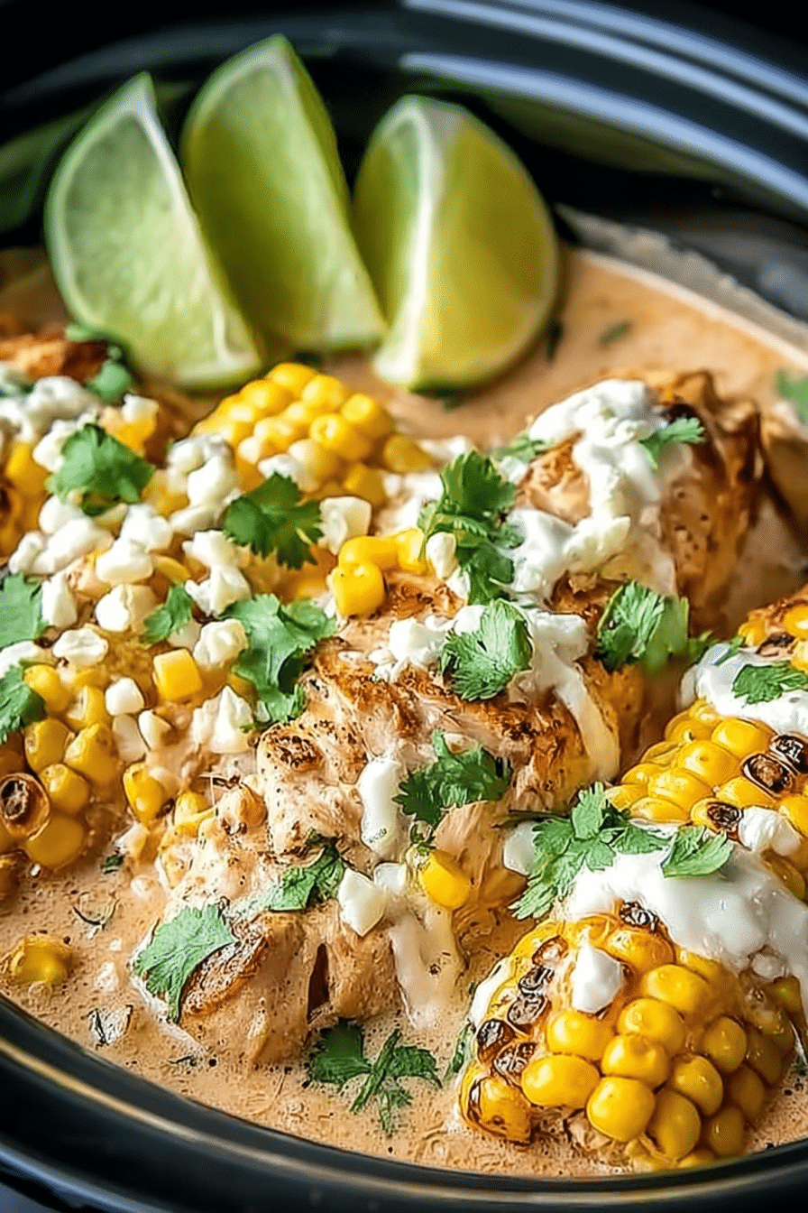 Savory Slow-Cooker Street Corn Chicken served with fresh cilantro and lime wedges, highlighting its creamy texture and colorful ingredients.