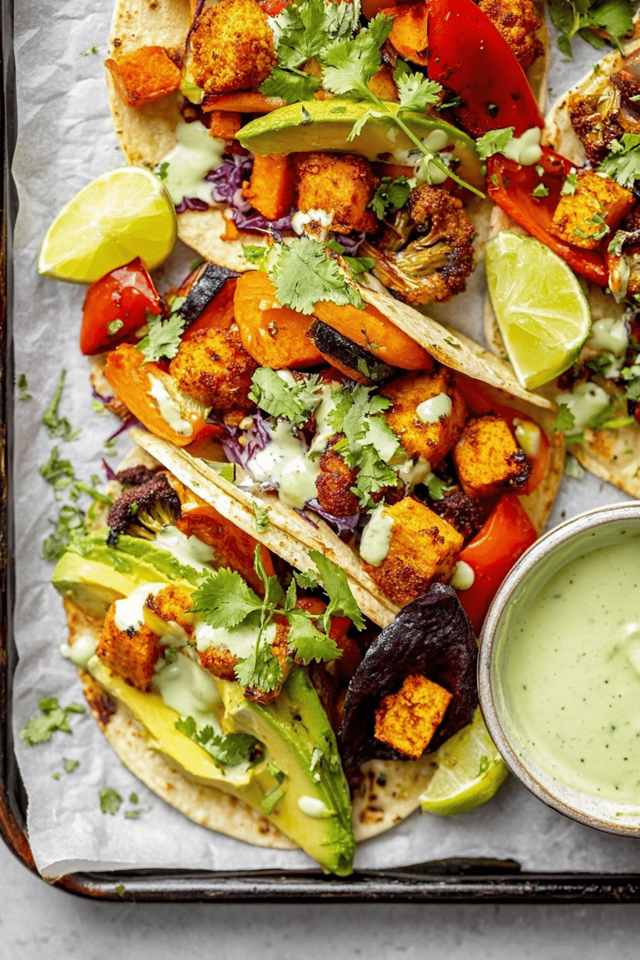 Delicious sheet pan roasted veggie tacos topped with avocado, red cabbage, and cilantro on a rustic wooden table.