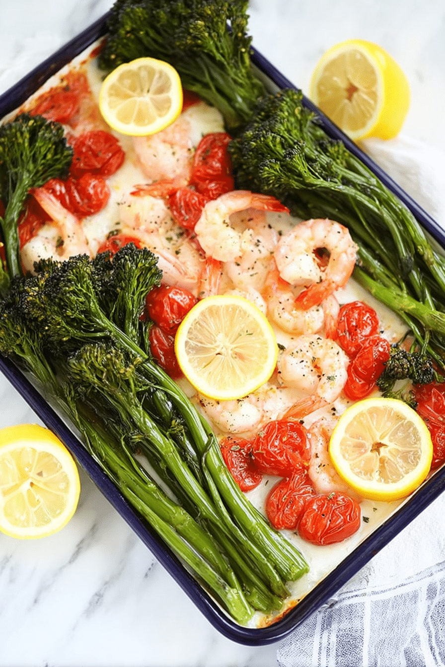 Roasted sheet pan shrimp with broccolini and tomatoes garnished with lemon and herbs