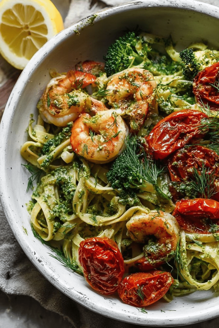 Shrimp pasta with dill pesto and garlic roasted tomatoes garnished with fresh dill and served with lemon wedges.