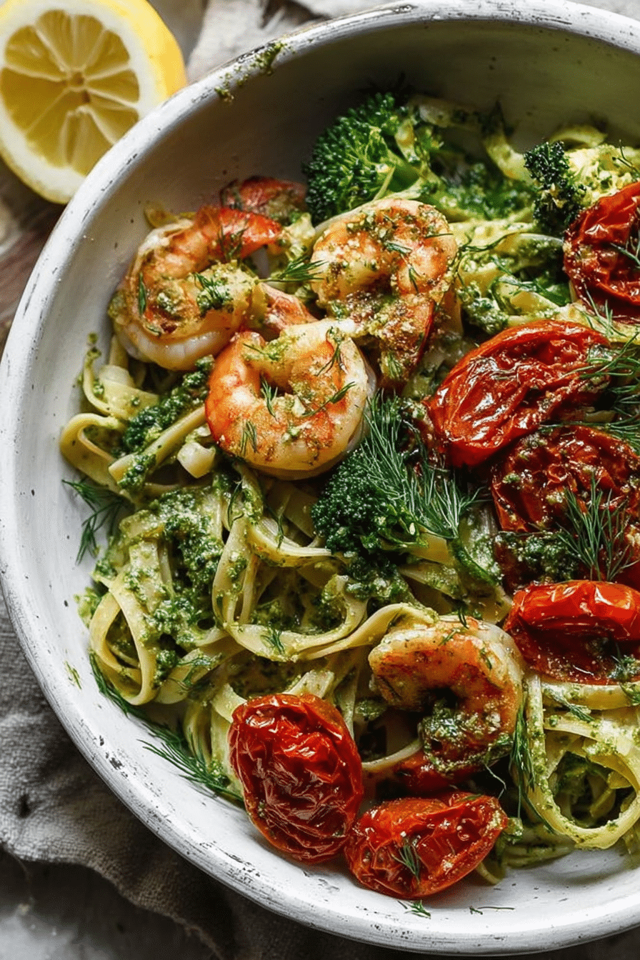 Shrimp pasta with dill pesto and garlic roasted tomatoes garnished with fresh dill and served with lemon wedges.