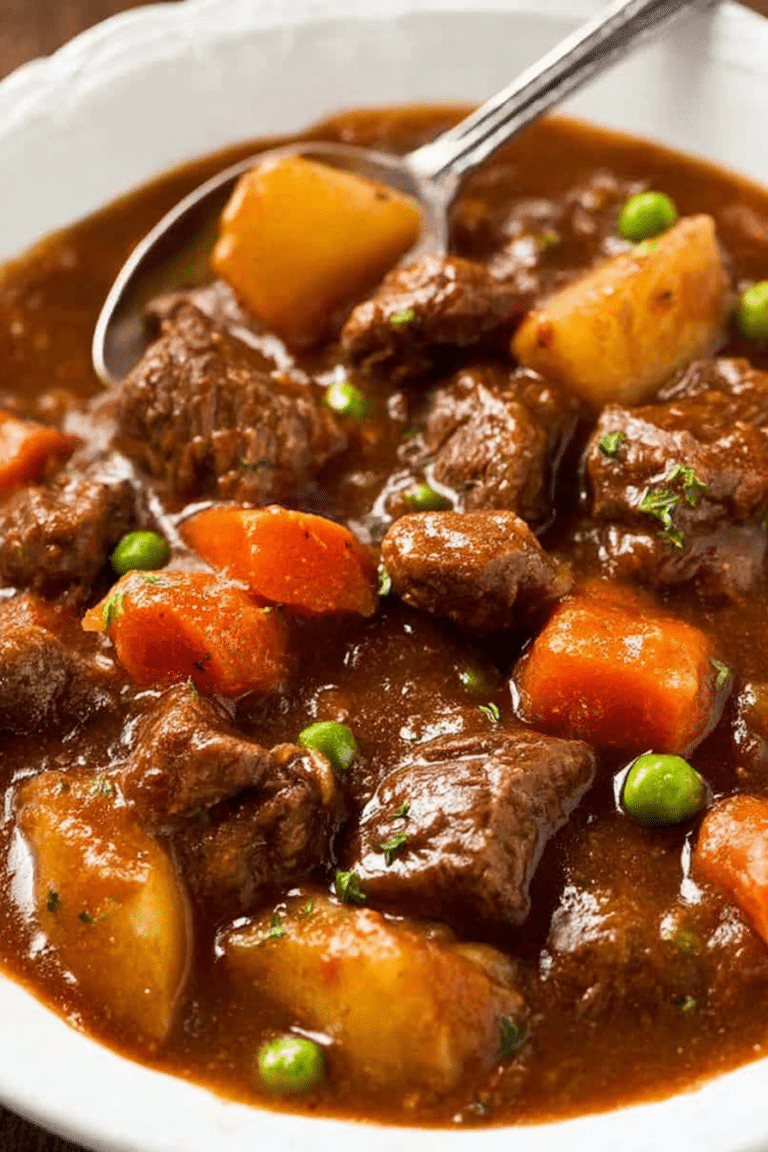 A delicious bowl of slow cooker beef stew with tender meat, vegetables, and herbs, perfect for fall and winter meals.