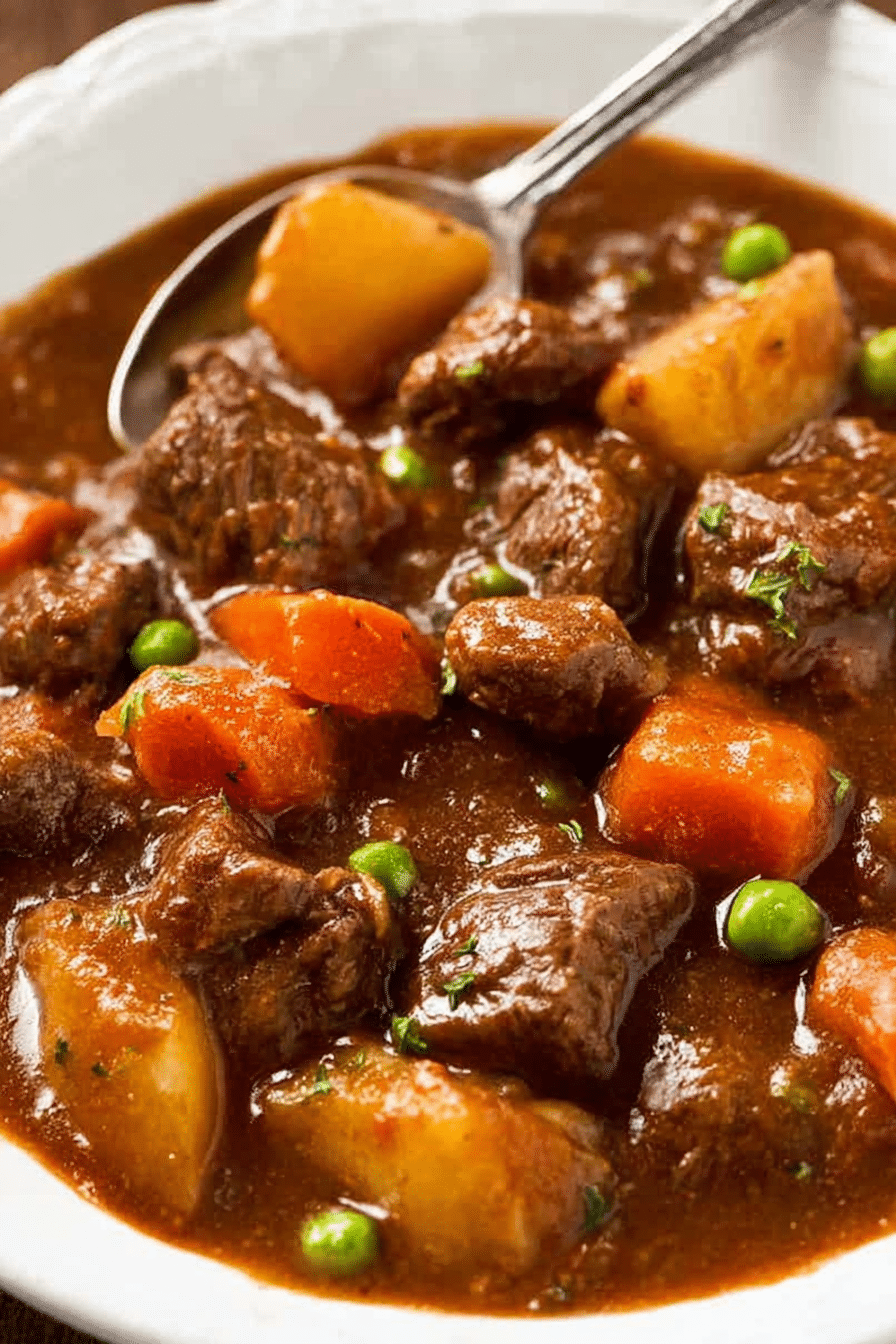A delicious bowl of slow cooker beef stew with tender meat, vegetables, and herbs, perfect for fall and winter meals.