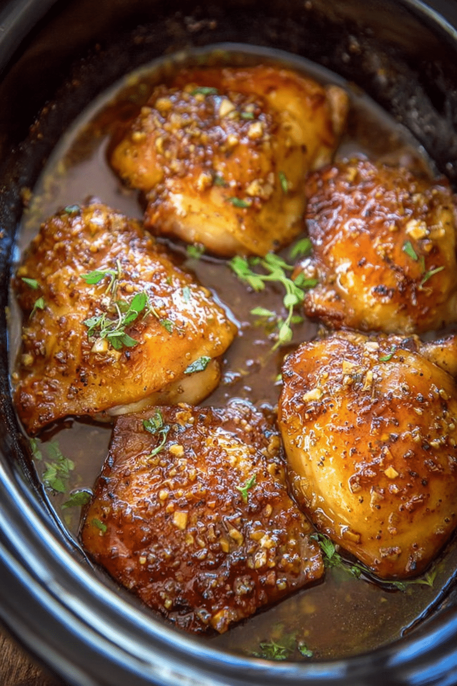 Close-up view of slow cooker brown sugar garlic chicken with chopped parsley on top, highlighting the caramelized sauce and juicy chicken texture.