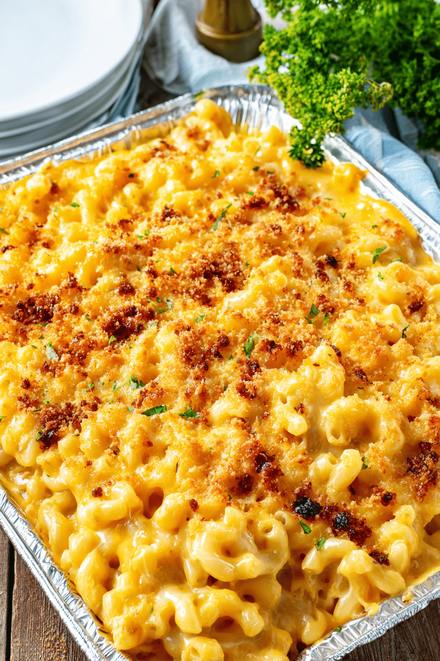 Delicious smoked mac and cheese cooking on a pellet grill, showcasing a creamy texture and melted cheese.