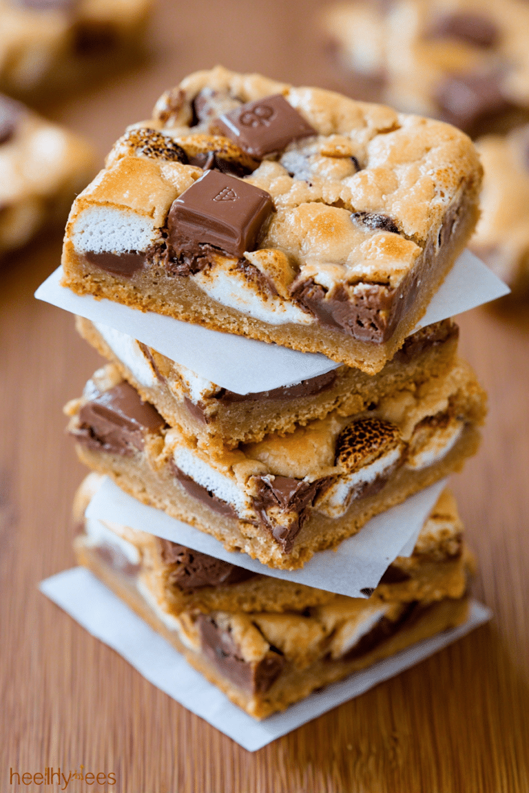 Freshly baked s'mores bars with chocolate and marshmallows on a wooden table.