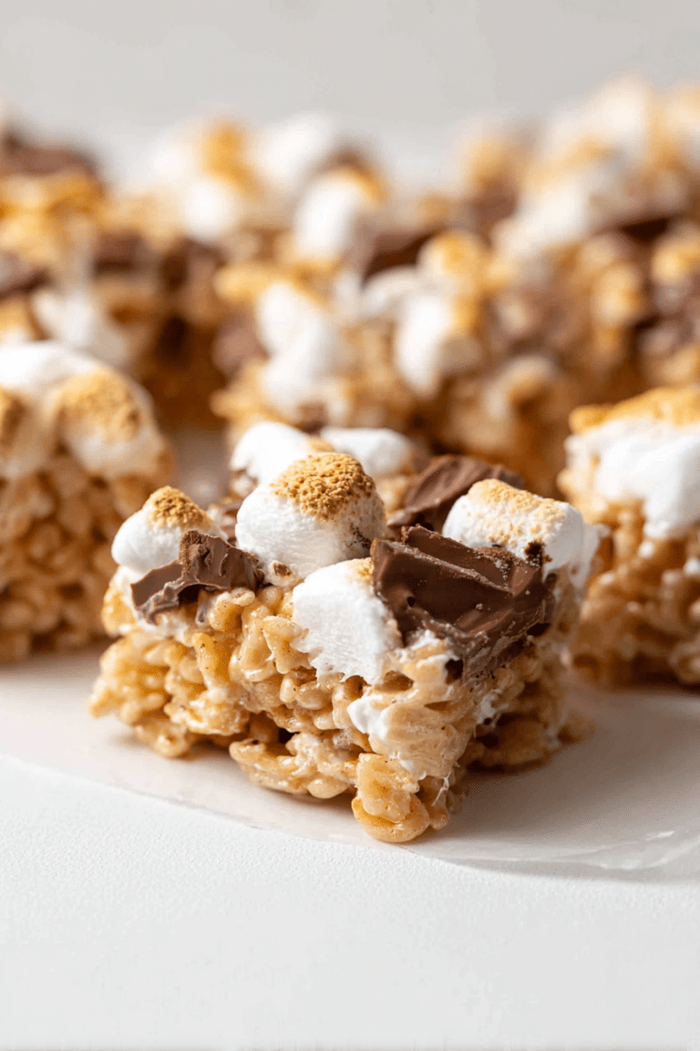 Stacked S'mores Rice Krispies Treats with melted chocolate and mini marshmallows on a wooden table.