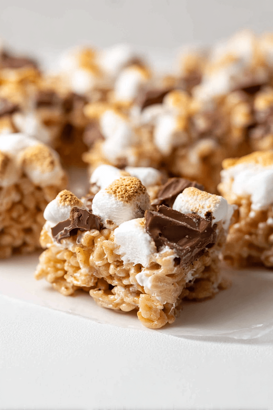 Stacked S'mores Rice Krispies Treats with melted chocolate and mini marshmallows on a wooden table.