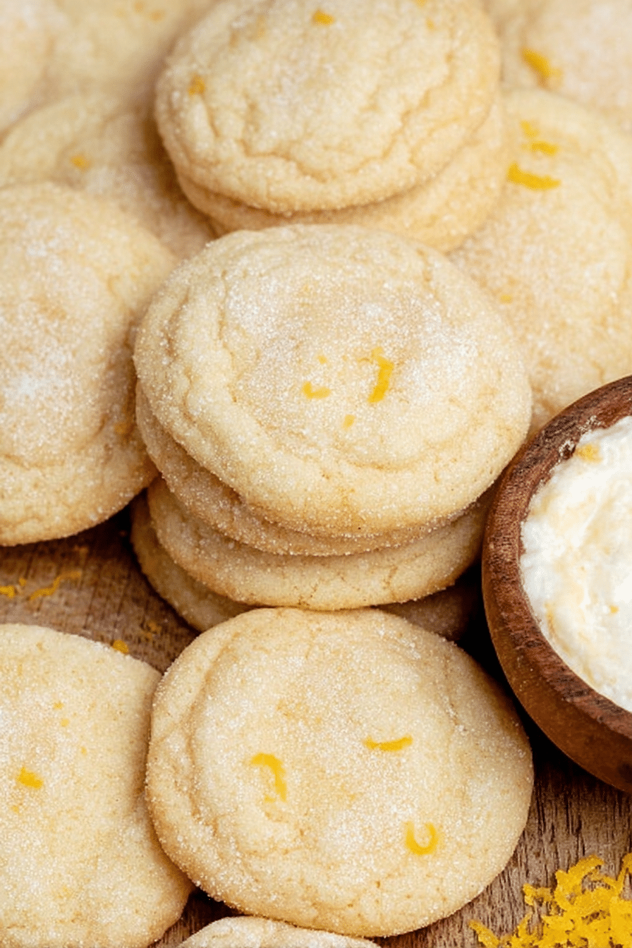 Stack of soft and chewy lemon cookies with powdered sugar, fresh lemon slices, and lemon zest.