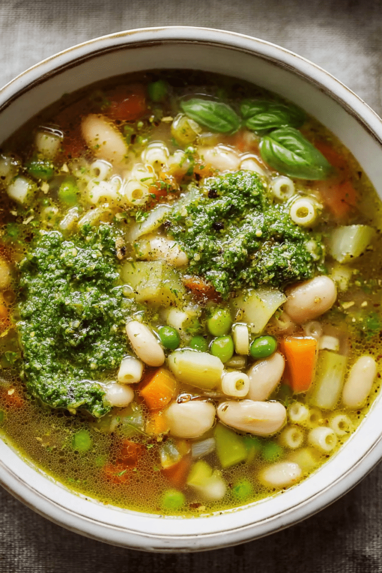 A bowl of Soupe au Pistou with fresh vegetables and basil pistou on a wooden table.