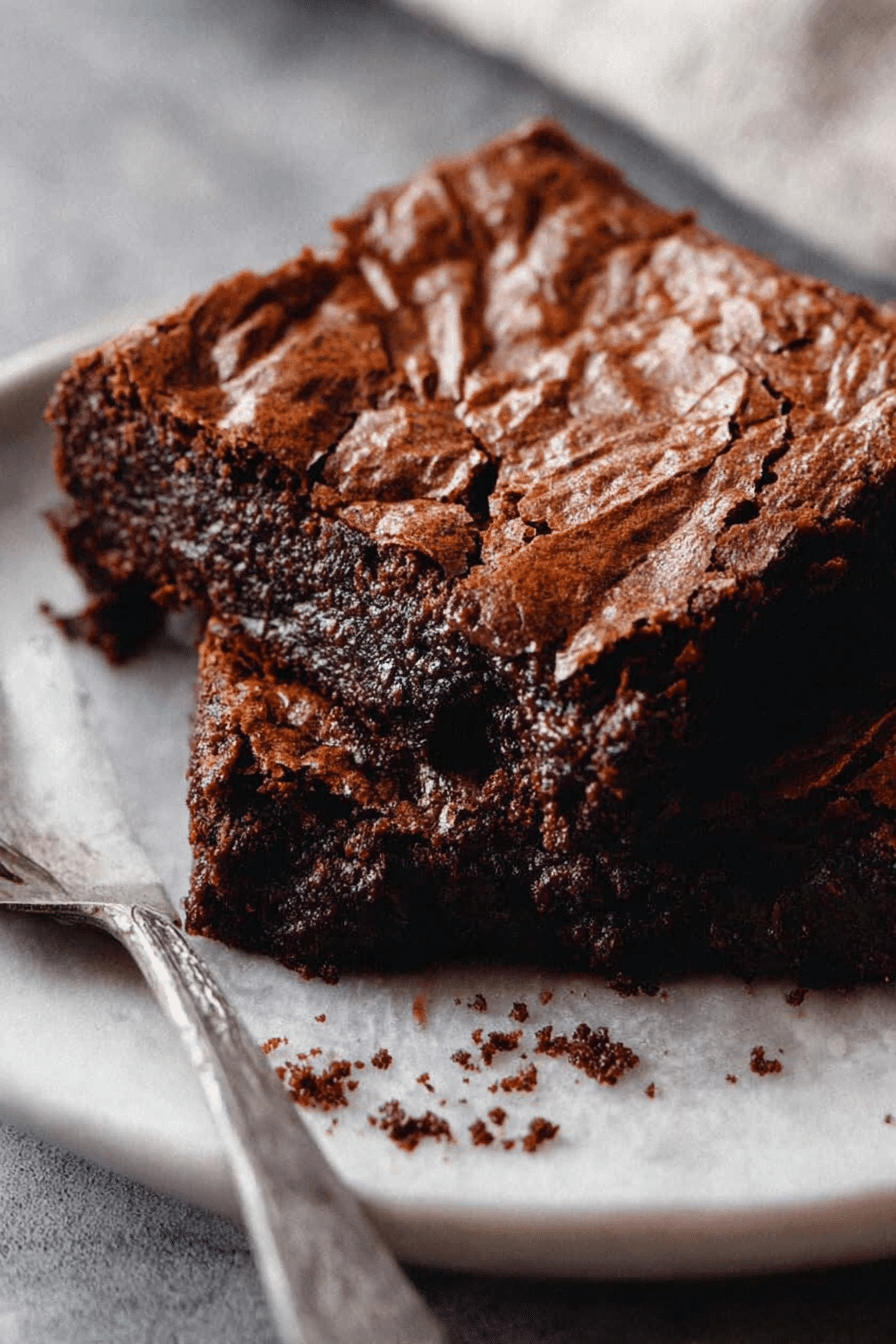 Delicious fudgy sourdough discard brownies stacked on a table with chocolate chips and a glass of milk.