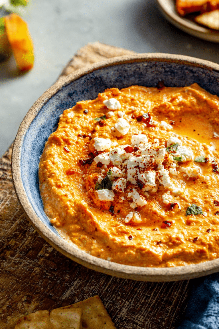 Spicy roasted red pepper feta dip served with pita chips and fresh vegetables on a wooden board.