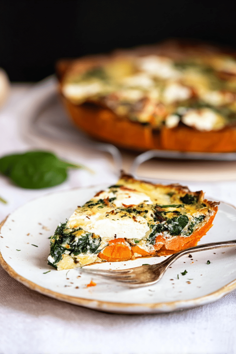 Sliced spinach and goat cheese quiche with sweet potato crust on a cutting board, showcasing the vibrant green filling and golden crust.