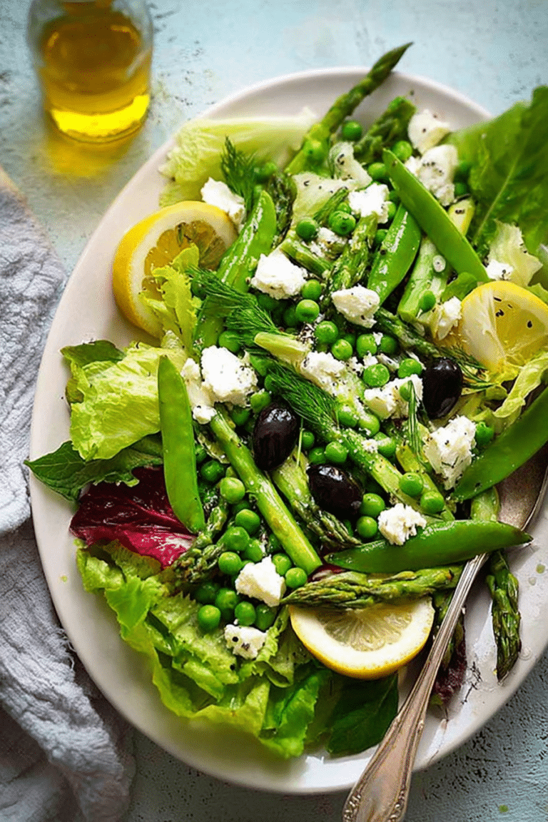 A colorful spring salad with asparagus, snow peas, and goats cheese on a wooden table.