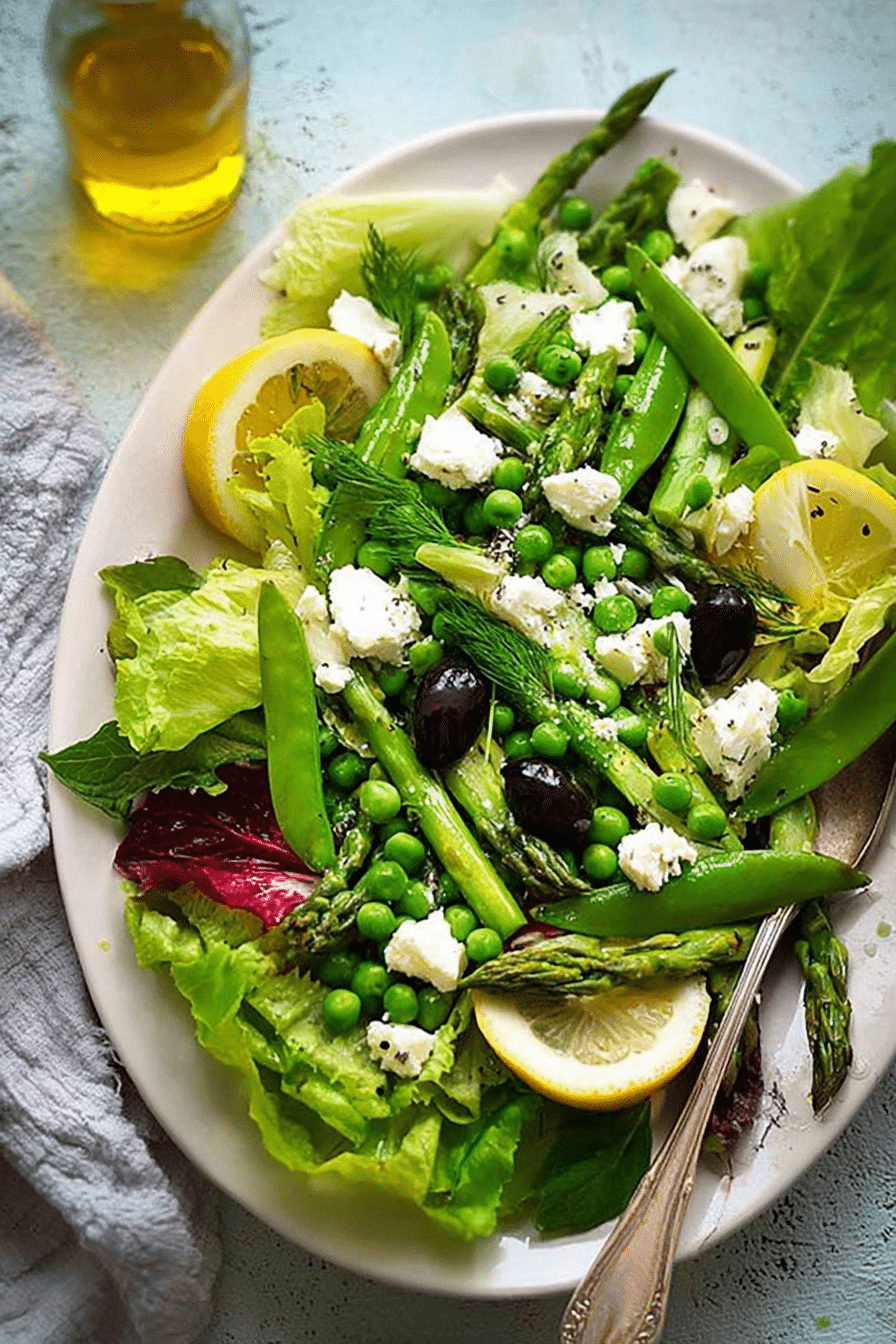 A colorful spring salad with asparagus, snow peas, and goats cheese on a wooden table.