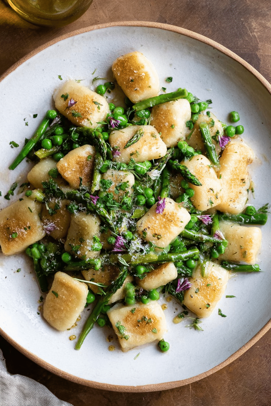 A plate of spring vegetable brown butter gnocchi with asparagus and peas, garnished with chives and cracked black pepper.