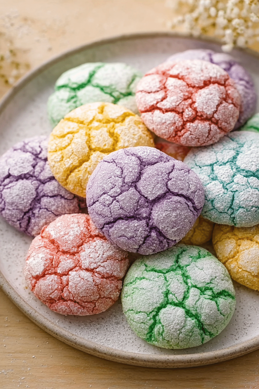 Springtime Crinkle Cookies on a pastel plate with spring flowers.