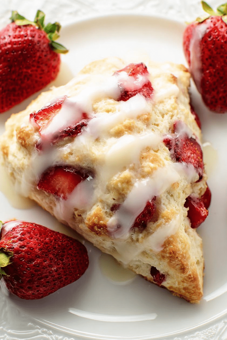 Strawberries and cream scones on a cutting board, accompanied by fresh strawberries and a drizzle of cream.