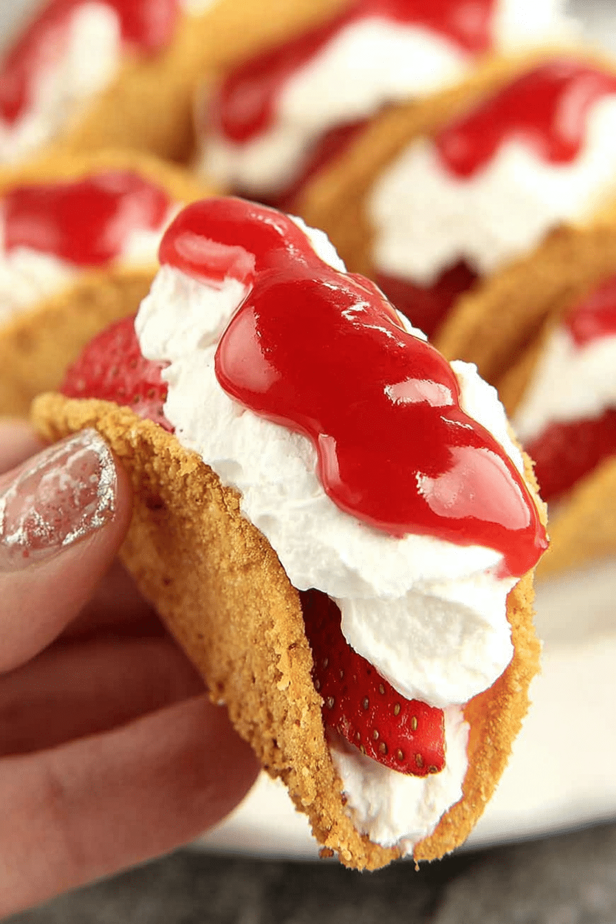Delicious strawberry cheesecake taco with cream filling and strawberries on a rustic wooden table.