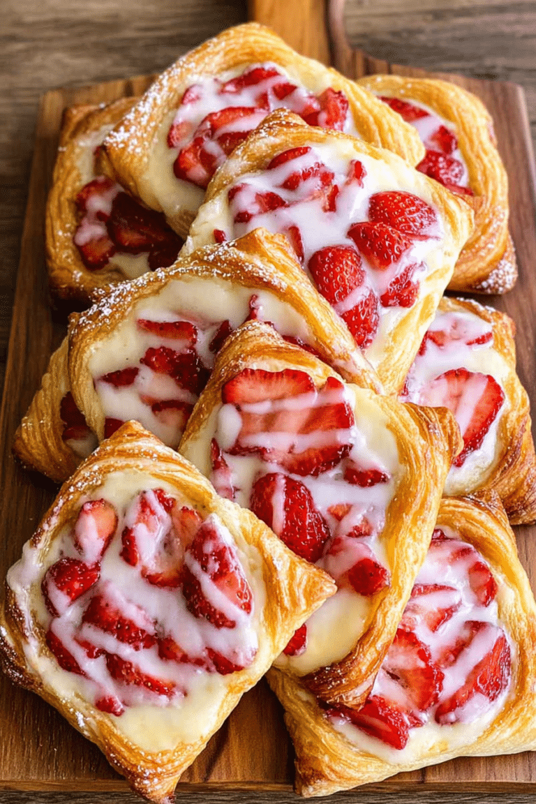 Freshly baked strawberry danishes topped with vanilla glaze and fresh strawberries on a rustic wooden table.