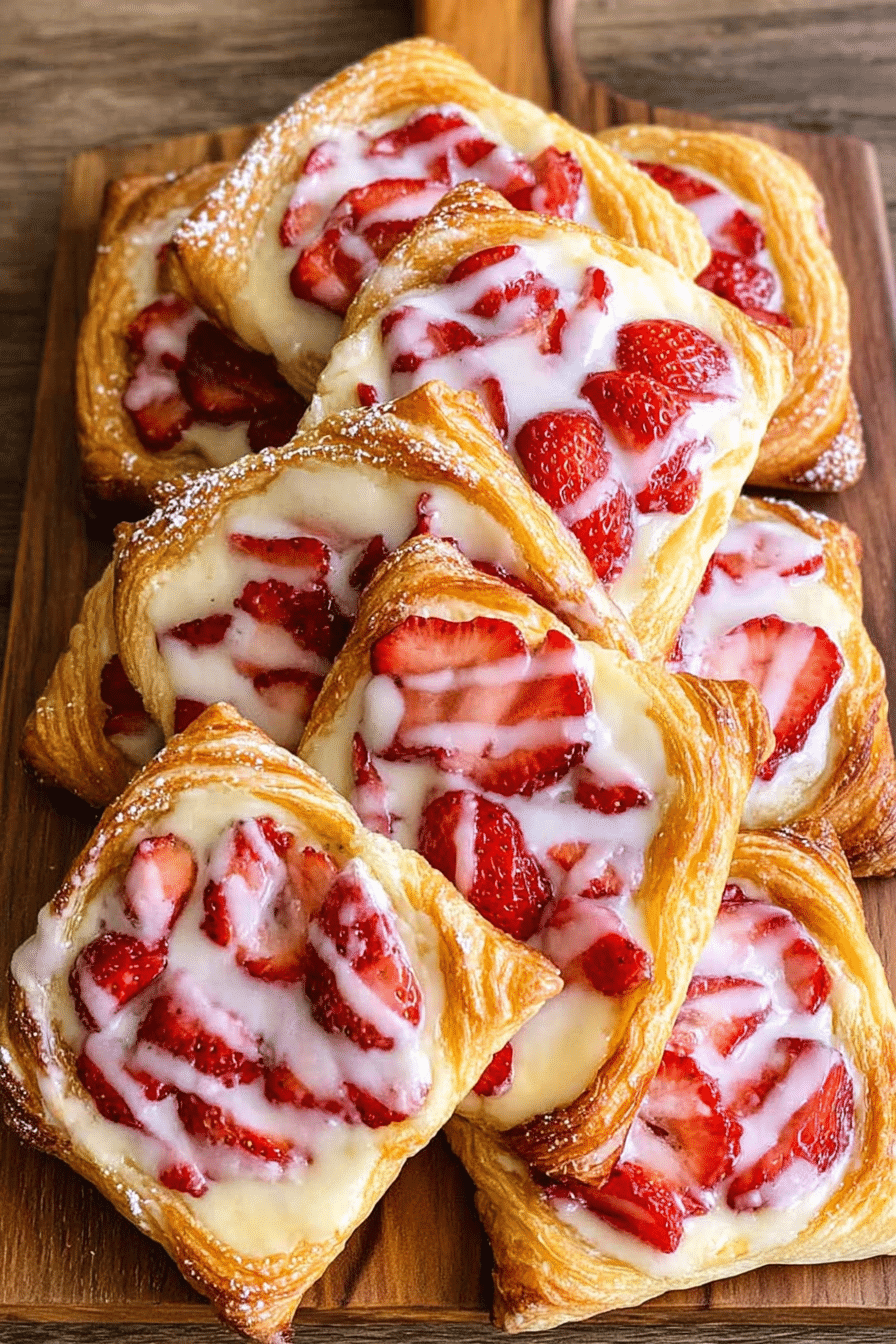 Freshly baked strawberry danishes topped with vanilla glaze and fresh strawberries on a rustic wooden table.