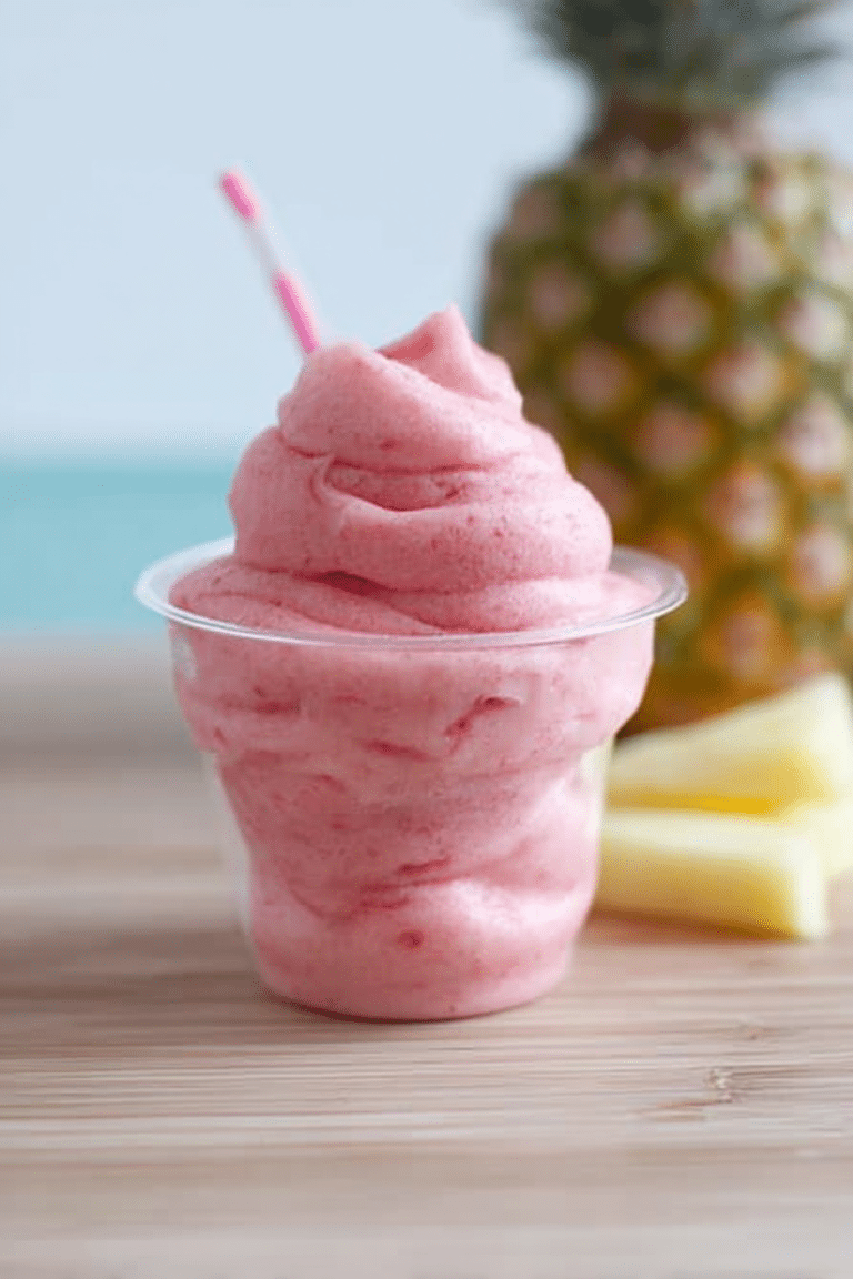 Refreshing strawberry Dole Whip served in a bowl, topped with fresh strawberries, on a patio table.