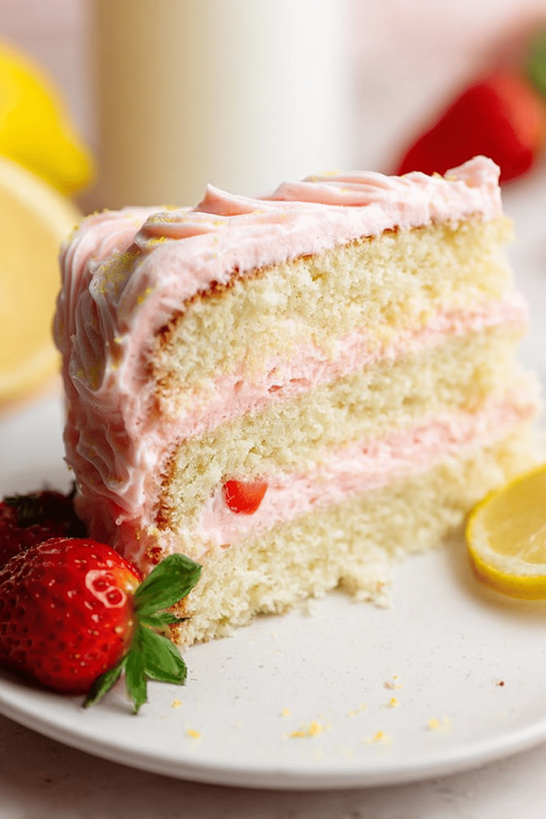 Strawberry lemon cake layered with strawberry buttercream and garnished with fresh strawberries and lemon slices