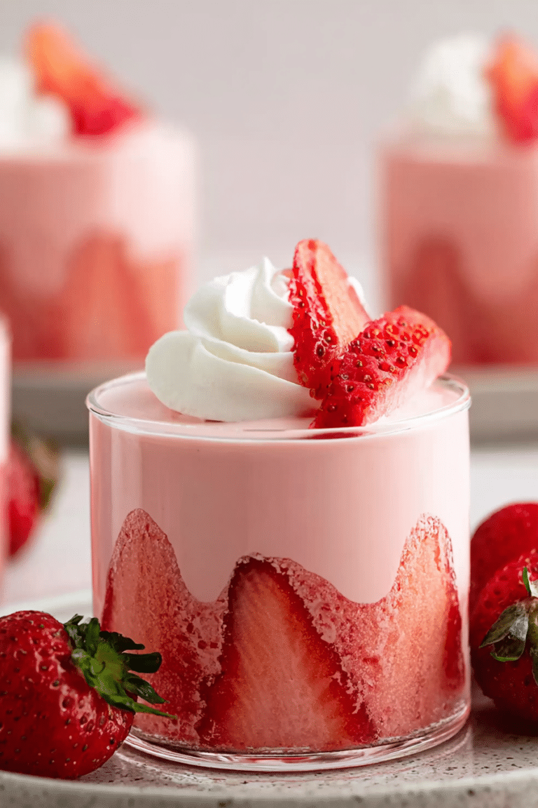 Delicious strawberry mousse served in dessert glasses with fresh strawberries and mint.