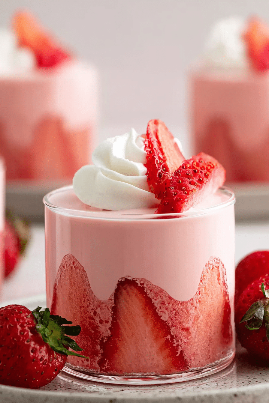 Delicious strawberry mousse served in dessert glasses with fresh strawberries and mint.