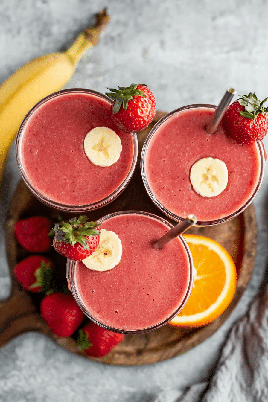 Vibrant strawberry orange banana smoothie in a glass, garnished with fresh strawberries and banana slices, placed on a bright kitchen countertop.