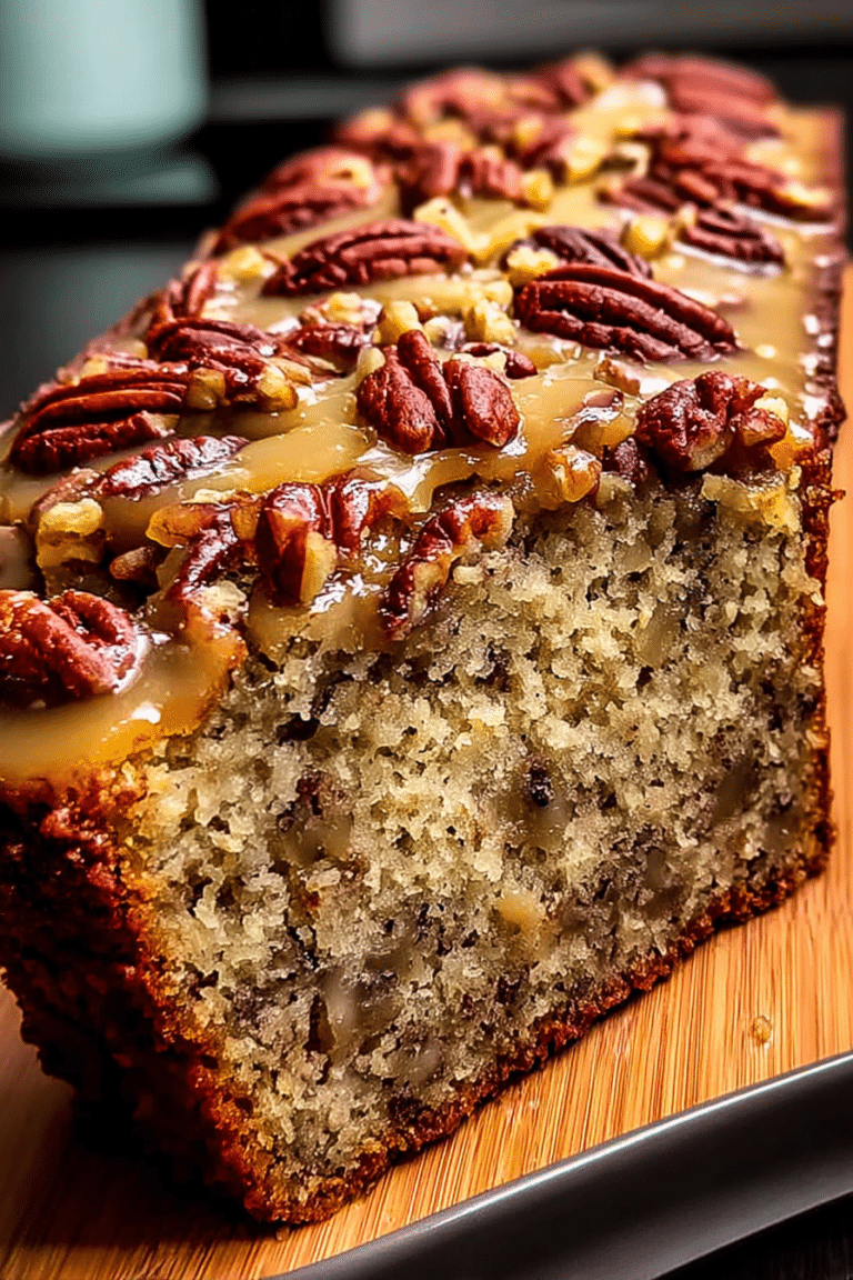 Freshly baked Sweet Alabama Pecan Bread with coffee and pecans on a wooden table.