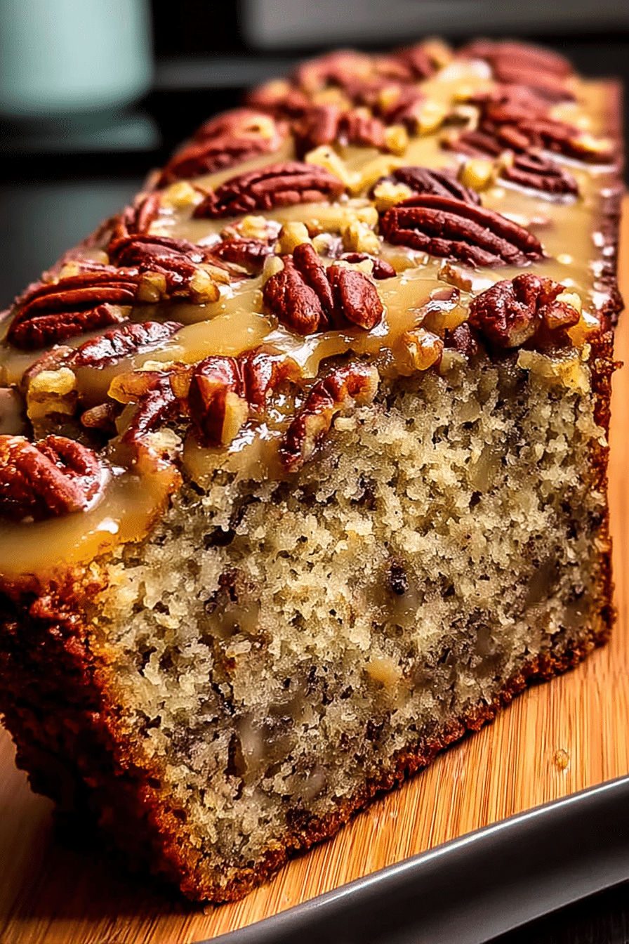 Freshly baked Sweet Alabama Pecan Bread with coffee and pecans on a wooden table.