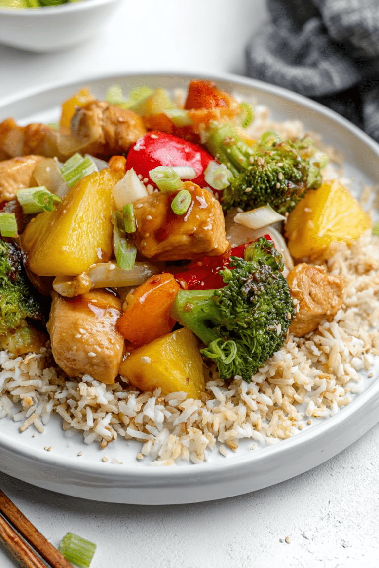 Sweet and sour pineapple broccoli chicken stir fry in a bowl with brown rice and scallions.