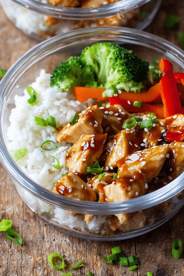 Delicious teriyaki chicken meal prep bowls with rice, broccoli, and bell peppers, garnished with sesame seeds and spring onions.