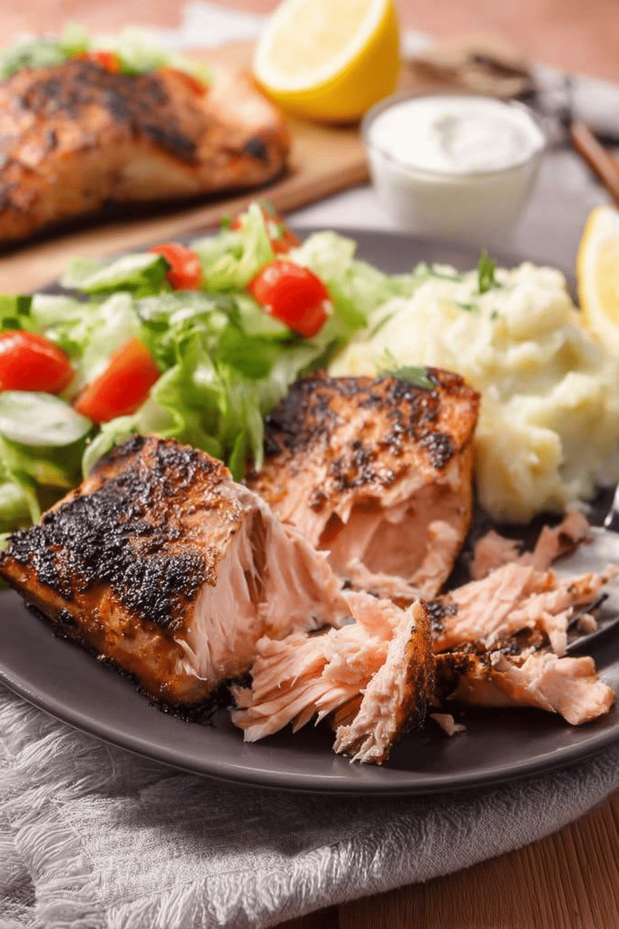 Delicious Texas Roadhouse salmon fillet garnished with lemon and herbs, ready to be served.
