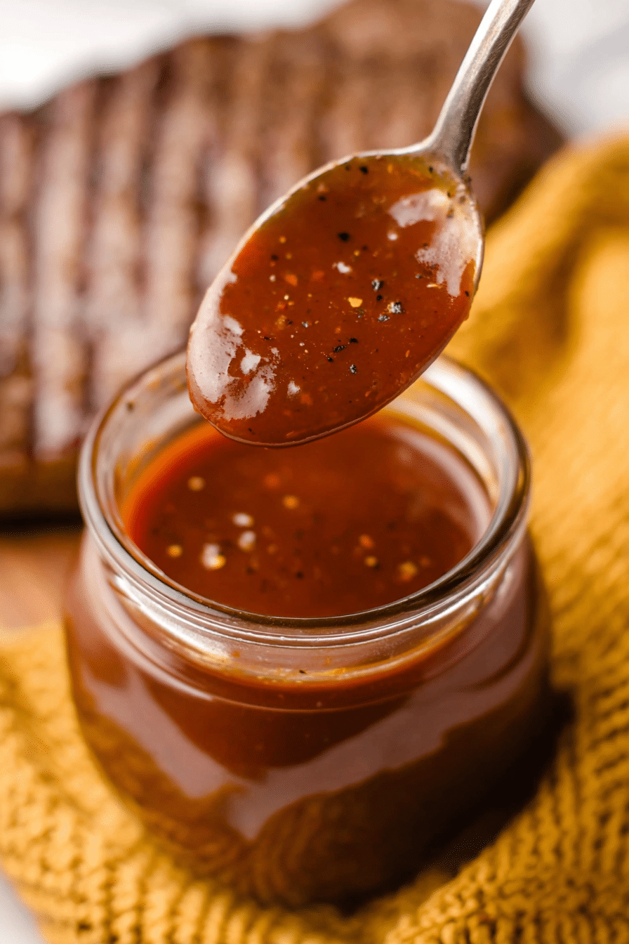 Homemade Texas Roadhouse steak sauce in a jar with fresh herbs and spices.