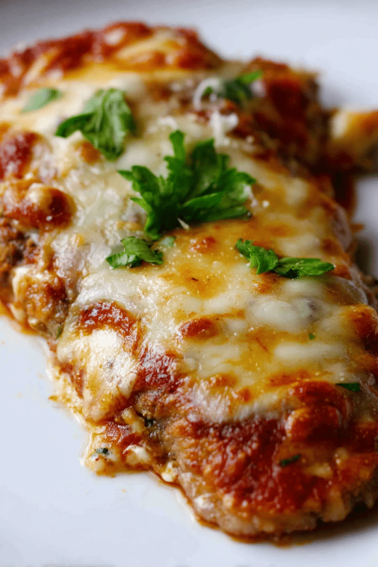 Plate of veal parmigiana with melted mozzarella cheese, garnished with parsley, on a rustic table.